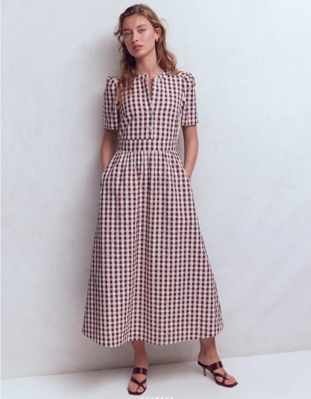 Boden Burgundy and White Gingham Midi Dress